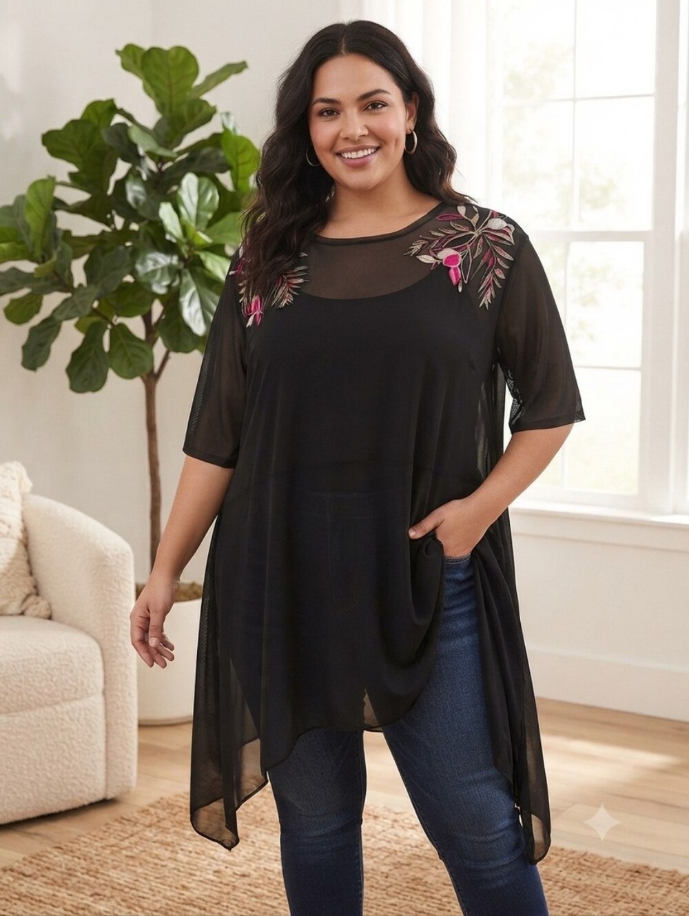 Lane Bryant Black Mesh Tunic with Floral Embroidery